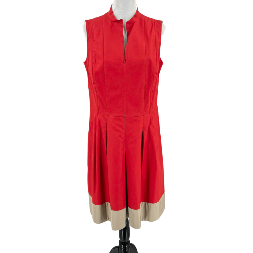Akris Punto Womens Red Sleeveless Dress Cotton Zip Front US 12 Collared Pockets